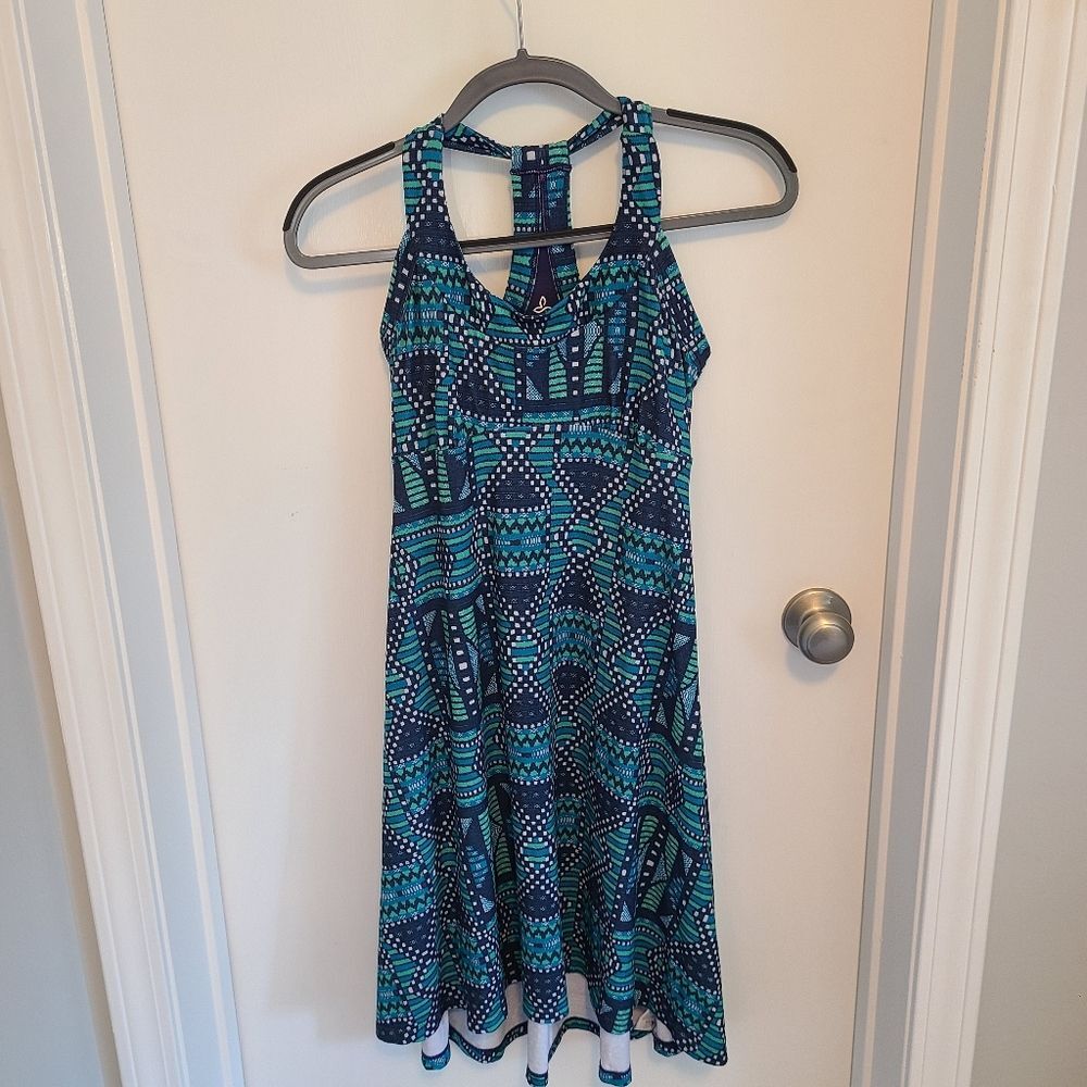 Prana Cali Aztec Geometric Tank Dress Sz XS Green Scoop Neck Racerback Stretch